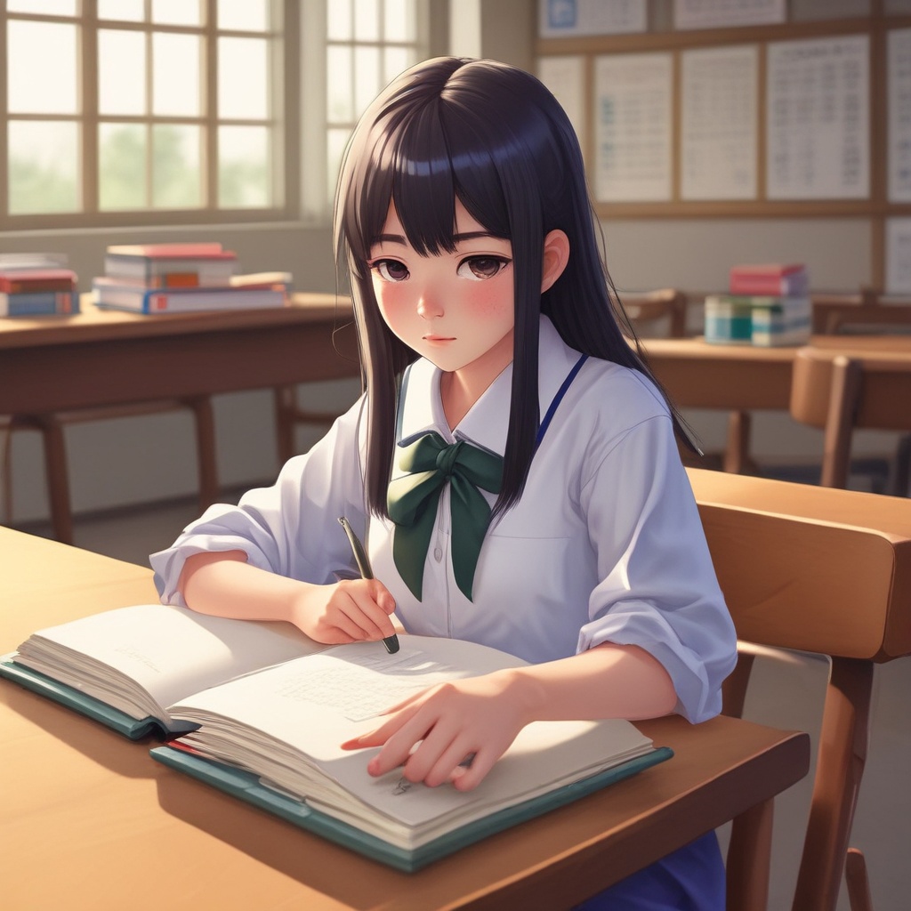 Japanese school girl studying in the classroom seriously